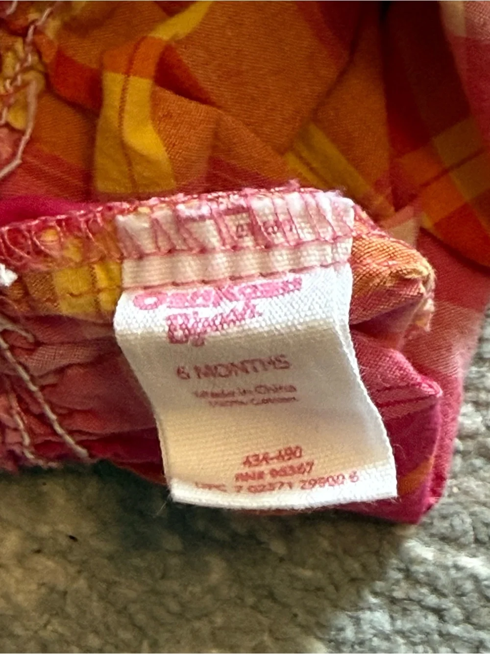 OshKosh B’gosh Baby Romper 6M Pink Yellow Plaid Sleeveless Outfit